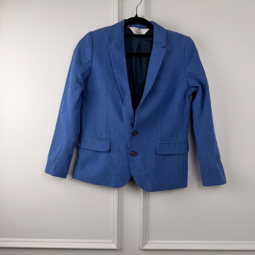 HM Boys Blue Cotton Blazer Suit Jacket Size 10 Notch Lapel Two Button Formal